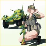  1girl armored_car armored_personnel_carrier armored_vehicle battle_rifle blonde_hair boots camouflage closed_mouth cold_war edward_y_brad elf fn_fal full_body green_eyes gun hat highres holding holding_weapon long_pointy_ears looking_at_viewer military military_combat_uniform military_hat military_uniform military_vehicle motor_vehicle original pointy_ears rhodesia rifle scout_car shirt shoes short_hair shorts simple_background solo thick_thighs thighs weapon 