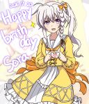  1girl 9-nine- :d ahoge alternate_costume back_bow blush bow braid character_name colored_eyelashes commentary_request dated dress feet_out_of_frame fire_kotarou four-finger_heart_hands frilled_dress frilled_sailor_collar frilled_sleeves frills grey_hair hair_between_eyes hair_bow hair_ribbon hands_up happy_birthday heart heart_hands heart_in_heart_hands highres huge_bow long_dress long_hair long_sleeves looking_at_viewer niimi_sora open_mouth orange_bow orange_ribbon puffy_long_sleeves puffy_sleeves purple_eyes ribbon sailor_collar sailor_dress side_ponytail sidelocks single_braid smile smug solo sparkle standing two-tone_dress v-shaped_eyebrows white_dress white_sailor_collar yellow_dress zoom_layer 