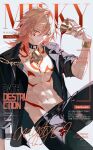  1boy absurdres black_jacket black_pants blonde_hair bracelet chain chest_tattoo collar commentary cup dogae earrings gold_bracelet gold_chain gold_cup gold_earrings highres honkai:_star_rail honkai_(series) jacket jewelry juice male_focus mydei_(honkai:_star_rail) pants red_tattoo solo tattoo untranslatable_commentary yellow_eyes 