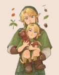  2boys acorn blonde_hair blue_eyes boots brown_boots brown_gloves chest_belt child commentary cowboy_shot curtained_hair dual_persona fingerless_gloves gloves green_hat green_tunic grey_background hat highres holding holding_stuffed_toy layered_sleeves leaf link long_sleeves looking_down looking_up male_focus multiple_boys parted_hair plant pointy_ears sanpaku short_hair short_over_long_sleeves short_sleeves sprout stuffed_animal stuffed_horse stuffed_toy the_legend_of_zelda the_legend_of_zelda:_ocarina_of_time the_legend_of_zelda:_ocarina_of_time_(remake) tunic twoframe young_link 