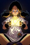  1girl absurdres black_gloves black_hair black_shorts blue_eyes commentary dragon_ball dragon_ball_z energy_ball english_commentary eyelashes fingerless_gloves gloves highres long_hair parted_lips ribbed_socks roub3d scene_reference shirt short_sleeves shorts simple_background sitting socks solo twintails videl white_shirt 