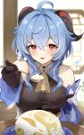  1girl ahoge bare_shoulders bell black_gloves blue_hair blush bow breasts commentary_request detached_sleeves feeding_viewer food ganyu_(genshin_impact) genshin_impact gloves gold_trim highres holding holding_spoon horns konbucha_(i1u_uu) long_hair medium_breasts neck_bell open_mouth prosperous_peace_(genshin_impact) purple_eyes sidelocks smile spoon upper_body white_sleeves 