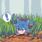  &gt;:( 1boy ambush animal_ears animal_print bandaid bandaid_on_face bangs blue_eyes blue_hair cat_print closed_mouth cross_scar day facial_scar food frown fruit grass ground hair_ribbon hiding japanese_clothes kemonomimi_mode long_sleeves looking_away lowres male_focus mino_(mino_cat) nature on_ground persimmon ponytail ribbon rope sayo_samonji scar scar_on_cheek shade solo spoken_exclamation_mark sweat touken_ranbu tree v-shaped_eyebrows 