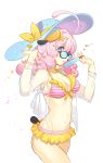  1girl absurdres adjusting_clothes adjusting_headwear ahoge animal_ears bikini blue_eyes breasts cleavage collarbone commentary curly_hair fluffy_hair food frilled_bikini frills from_side hat highres holding holding_food holding_popsicle horns koyoi_mitsuki large_breasts licking_food long_hair looking_at_viewer moa_(show_by_rock!!) navel pink_bikini pink_hair popsicle see-through_clothes see-through_shirt sheep_ears sheep_girl sheep_horns sheep_tail shirt show_by_rock!! simple_background solo stomach striped_bikini striped_clothes sun_hat sunglasses swimsuit swimsuit_cover-up tail tongue tongue_out white_background 