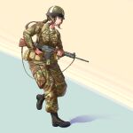  1girl battle_rifle belt boots brown_hair camouflage cold_war edward_y_brad elf fn_fal full_body gloves green_eyes gun hat helmet highres holding holding_gun holding_weapon israel israel_defense_forces jacket long_hair military military_combat_uniform military_fatigues military_uniform original pointy_ears pouch rifle solo standing trigger_discipline weapon 