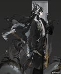  1boy absurdres arknights black_background black_coat black_hair body_markings cat character_name chinese_commentary coat colored_extremities colored_inner_hair colored_skin commentary feet_out_of_frame floating_hair from_side gold_ring hair_bun hair_ornament hair_stick hanging_scroll highres holding holding_sword holding_weapon horns jewelry jian_(weapon) long_hair long_sleeves looking_at_viewer looking_to_the_side male_focus multicolored_hair open_clothes open_coat open_shirt painting_(object) parted_lips profile puffy_sleeves ring scroll sheath sheathed sideways_glance slit_pupils solo standing sword tail thumb_ring tk_production two-tone_hair very_long_hair wang_(arknights) watermark weapon weibo_username weibo_watermark white_hair yellow_eyes 