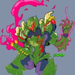  1girl arm_cannon armor artist_name assault_visor blue_background commentary english_commentary glowing_armor green_armor green_helmet helmet highres lemuzaurio metroid metroid_ravenous metroid_suit official_alternate_costume power_armor power_suit_(metroid) red_assault_visor samus_aran science_fiction shoulder_armor shoulder_spikes simple_background solo spiked_armor spikes twitter_username weapon 