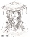  1girl commission graphite_(medium) hair_between_eyes hatching_(texture) long_hair looking_at_viewer original paper portrait ronin samurai simple_background sketch sketchbook solo tervainir traditional_media ych_commission 