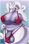  2016 anthro anthrofied areola balls big_balls big_breasts bikini blue_background blush bra breasts chikiota clothed clothing dickgirl english_text goodra green_eyes hi_res huge_balls huge_breasts huge_penis intersex nintendo nipple_bulge open_mouth penis pok&eacute;mon pok&eacute;morph purple_skin signature simple_background solo swimsuit text thick_thighs underwear vein video_games voluptuous 