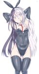  animal_ears arms_behind_head ass_visible_through_thighs black_hair bunny_ears bunnysuit detached_collar elbow_gloves gloves long_hair multicolored_hair necktie original silver_bell solo standing thighhighs two-tone_hair white_eyes white_hair 