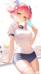  1girl absurdres alternate_costume angel_wings blue_archive blue_shorts breasts chijiandeyusang commentary_request double_bun feathered_wings food gym_shorts gym_uniform hair_bun halo highres holding holding_food holding_ice_cream ice_cream looking_at_viewer low_wings mika_(blue_archive) pink_hair pink_halo shirt shorts sitting smile solo thighhighs white_background white_shirt white_thighhighs white_wings wing_ornament wings 