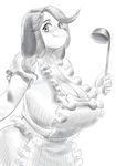  anthro apron big_breasts blush bone breasts canine cleavage clothed clothing colo dog female greyscale huge_breasts ladle mammal mature_female monochrome smile solo 