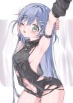  1girl aqua_eyes arm_behind_head arm_up arm_warmers armpits black_arm_warmers black_armlet black_collar black_shirt blue_hair blush bone_hair_ornament bottomless breasts chain chain_necklace collar commentary_request fang hair_between_eyes hair_ornament hairclip highres ia_1928 jewelry long_hair looking_at_viewer multiple_hairclips navel necklace no_bra no_panties one_eye_closed open_mouth shirt sideboob signature simple_background skeleton_print skin_fang sleeveless solo stretching text_hair_ornament thighs torn_clothes torn_shirt twitter_username two_side_up virtual_youtuber vspo! watermark white_background yano_kuromu yano_kuromu_(1st_costume) 
