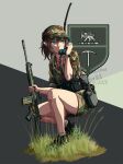  1girl battle_rifle belt blue_eyes brown_hair camouflage camouflage_shorts cold_war edward_y_brad elf fn_fal gun hat highres holding holding_gun holding_weapon jacket long_pointy_ears looking_at_viewer military military_combat_uniform military_uniform original pointy_ears rhodesia rifle shoes shorts sitting solo trigger_discipline weapon 