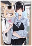  2girls absurdres aki_(rerrere) backpack bag bikini black-framed_eyewear black_bikini black_choker black_hair black_skirt blonde_hair blue_eyes blue_shirt blush brown_eyes choker clothes_hanger collarbone collared_shirt commentary_request cross cross_earrings dress ear_piercing earrings full-body_clothes_hanger glasses gradient_hair grey_bikini grin hair_ornament hairclip haru_(rerrere) highres holding indoors jewelry multicolored_hair multiple_girls original piercing pleated_skirt rerrere roots_(hair) school_uniform semi-rimless_eyewear shirt skirt smile sparkle squiggle streaked_hair sweater_vest swimsuit under-rim_eyewear white_hair white_shirt 