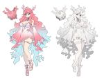  2girls ahoge alternate_color bare_shoulders blue_eyes breasts bright_pupils choker cleavage commentary coral coral_hair_ornament corsola covered_groin covered_navel creature_and_personification crossed_bangs detached_sleeves dot_nose dress english_commentary galarian_corsola gloves gradient_sleeves hair_ornament high_heel_sandals high_heels highres horns large_breasts long_hair long_sidelocks looking_at_viewer mole mole_on_breast multiple_girls naelle_(pkmn_realidea) original pale_skin pendant_choker personification pink_choker pink_eyes pink_gloves pink_hair pink_sandals pink_sleeves pokemon sandals sidelocks simple_background single_horn smile standing standing_on_one_leg strapless strapless_dress thick_thighs thighs unamused very_long_hair very_long_sidelocks wavy_hair white_background white_choker white_gloves white_hair white_pupils white_sandals white_sleeves wide_sleeves 