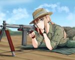  1girl australia battle_rifle blonde_hair blue_sky camouflage cloud cold_war commentary day edward_y_brad english_commentary fn_fal gun hat highres holding holding_gun holding_weapon long_hair looking_at_viewer lying military military_combat_uniform military_uniform original outdoors parted_lips purple_eyes rifle sky solo trigger_discipline vietnam_war weapon 