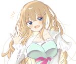  1girl 9-nine- :d blue_dress blue_eyes blush breasts brown_hair collarbone commentary_request diamond_hair_ornament dress eyes_visible_through_hair hair_between_eyes hair_ornament hand_up kujou_miyako large_breasts long_hair long_sleeves looking_at_viewer notice_lines open_mouth outstretched_hand sakaniwa_t sidelocks simple_background sketch smile solo upper_body very_long_hair waving white_background white_sleeves 