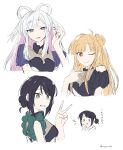  3girls :d ;) absurdres ahoge bare_shoulders blonde_hair blue_eyes blue_sleeves braid braided_bun bright_pupils chest_jewel cho_kaguya-hime! clothing_cutout colored_inner_hair commentary covered_collarbone cropped_torso dot_nose double_bun dual_persona feixianji_(hairstyle) fingernails flat_color frills green_eyes grin hair_bun hair_rings hand_up highres inward_v kaguya_(cho_kaguya-hime!) kaguya_(return)_(cho_kaguya-hime!) light_blush long_fingernails long_hair long_sidelocks looking_at_viewer looking_back loose_hair_strand marucho_(nagamemaru) mole mole_under_eye multicolored_hair multiple_girls nail_polish one_eye_closed parted_lips pink_hair purple_nails reaction_inset red_eyes runami_yachiyo runami_yachiyo_(return) sakayori_iroha sakayori_iroha_(return) see-through_cleavage see-through_clothes short_eyebrows short_sleeves shoulder_cutout side_up_bun sidelocks simple_background single_hair_bun sketch sleeveless smile split_mouth swept_bangs time_paradox translation_request tucking_hair turning_head twitter_username two-tone_hair two_side_up v white_background white_hair white_pupils wide-eyed wing_collar 