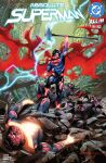  4boys absolute_dc absolute_superman absurdres after_battle artist_request bandaid bandaid_on_face black_adam black_bodysuit black_hair black_jumpsuit blue_bodysuit bodysuit building cape carter_hall_(absolute_dc) city clark_kent comic_cover commentary copyright_name cover cover_page dc_comics electricity energy english_commentary fake_cover fighting_stance gloves glowing hammer hawkman_(absolute_dc) highres holding holding_hammer holding_weapon john_henry_irons_(absolute_dc) jumpsuit king_shazam_(absolute_dc) lightning_bolt_print logo mace male_focus mask multicolored_bodysuit multiple_boys muscular muscular_male red_bodysuit red_cape red_gloves rubble ruins steel_(absolute_dc) steel_(dc) superhero_costume superman superman_(absolute_dc) superman_(series) superman_logo teeth teth-adam_(absolute_dc) torn_clothes two-tone_bodysuit weapon wings 