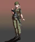  1girl alice_gear assault_rifle belt blonde_hair boots cold_war combat_helmet edward_y_brad full_body gradient_background green_jacket gun hat helmet highres holding holding_weapon holster jacket looking_at_viewer m16 m16a1 medium_hair military military_combat_uniform military_uniform original pants pouch rifle shirt solo standing tactical_clothes united_states_army vietnam_war weapon 