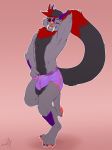  2019 anthro balls big_balls big_tail bulge claws clothing digital_media_(artwork) dragon fangs felid feline fur horn hybrid looking_at_viewer machairodontine male mammal open_mouth piercing raiza_kynzo scales simple_background skullysilverwolf smile smilodon solo standing teeth toe_claws underwear 