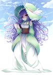  absurdres breasts cleavage cloud corset die_ying dress drill_hair feathers full_body green_dress hat hat_feather highres long_hair medium_breasts notepad original pen purple_hair red_eyes roman_numerals solo twin_drills 