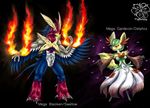  2014 anthro anthrofied avian beak black_background black_fur blue_eyes blue_feathers canine claws delphox duo english_text fan_character feathered_wings feathers featureless_crotch female fire fox fur fusion green_fur green_hair hair humanoid hybrid male mammal mega_blaziken mega_evolution mega_gardevoir nintendo nude pok&eacute;mon pok&eacute;morph red_eyes red_feathers red_fur signature simple_background smile swellow text tigerlilylucky toe_claws video_games white_feathers white_fur wings yellow_feathers yellow_fur 