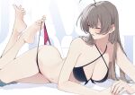  1girl ahoge azur_lane bikini black_bikini breasts brown_hair character_name cleavage collarbone commentary_request commission criss-cross_straps cross-laced_bikini cross-laced_clothes english_text hatski.sin highres jean_bart_(azur_lane) jean_bart_(private_apres_midi)_(azur_lane) long_hair lying medium_breasts navel official_alternate_costume one_eye_closed open_mouth pink_eyes pink_nails skeb_commission solo swimsuit text_background 