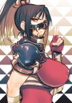  1girl arm_guards armor bodysuit breasts commentary_request covered_nipples fingerless_gloves gloves impossible_bodysuit impossible_clothes kuji-in large_breasts mask mouth_mask ninja ponytail red_bodysuit rosie_rosie shoulder_armor skin_tight sleeveless sleeveless_bodysuit solo soulcalibur taki_(soulcalibur) 