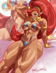  abs adapted_costume aquiline_nose arm_up armlet ass big_hair bikini blue_lips blue_nails bracelet breasts dlusional earrings eyeliner eyeshadow gameplay_mechanics gerudo gold_bracelet gold_tiara green_eyes highleg highleg_bikini highres hoop_earrings huge_ass jewelry large_breasts looking_at_viewer makeup multicolored_bikini muscular muscular_female nose one_eye_closed red_eyeliner red_eyeshadow sitting smile solo swimsuit the_legend_of_zelda the_legend_of_zelda:_breath_of_the_wild thick_thighs thighs tiara urbosa wide_hips zoom_layer 