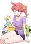  1girl ahoge animal_on_hand arm_support baby_animal bag bare_legs between_breasts bird blue_eyes blush bow breasts chick choker closed_mouth collarbone commentary_request eyelashes feet_out_of_frame gelpiyo hair_bow hand_up handbag highres invisible_chair jun_(navigavi) large_breasts looking_at_viewer medium_hair nose original pink_hair purple_bag purple_bow purple_choker purple_shirt purple_shorts scoop_neck shadow shirt shirt_under_shirt short_shorts short_sleeves shorts side_ponytail simple_background sitting smile solo star_(symbol) strap_between_breasts stuffed_chicken t-shirt white_background white_shirt yellow_bow 