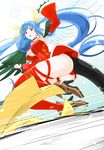  1girl alternate_color blue_hair breasts cleavage colorized commentary_request detached_sleeves dizzy from_below guilty_gear guilty_gear_xrd hair_ribbon high_heels highres large_breasts long_hair orochi_(namashiba) panties red_eyes red_legwear red_panties ribbon solo tail thigh_ribbon thighhighs twintails underwear very_long_hair wings yukia_(firstaid0) 