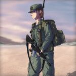  1girl alice_gear assault_rifle backpack bag blonde_hair blue_eyes camouflage cloud cold_war commentary day desert edward_y_brad english_commentary gun hat highres holding holding_gun holding_weapon holster jacket m16 m16a1 military military_combat_uniform military_uniform original outdoors pouch rifle sand short_hair sky standing tactical_clothes trigger_discipline united_states_army weapon 