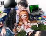  1girl amamiya_ren belt black_hair blush brown_eyes chidori_(@rom) computer glasses headphones headphones_removed jacket laptop long_hair open_mouth orange_hair persona persona_5 sakura_futaba shorts steepled_fingers 