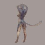  2016 anthro arms_above_head breasts butt digitigrade feline female furstang looking_away mammal nipples nude painting_(artwork) rear_view side_boob simple_background solo spots standing traditional_media_(artwork) 