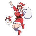  1girl belt boots breasts brown_eyes commentary dress glasses hand_up hat highres holding large_breasts onsen_tamago_(hs_egg) open_mouth original red_boots red_hair sack santa_costume santa_dress santa_hat short_hair simple_background taeko_(onsen_tamago) untranslatable_commentary white_background 