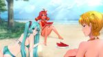  bikini blue_eyes blue_hair everlasting_summer hatsune_miku orange_eyes orange_hair orikanekoi red_hair swimsuit ussr-tan vocaloid watermelon 