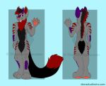  2019 anthro big_tail claws digital_media_(artwork) dragon fangs felid feline fur horn hybrid looking_at_viewer machairodontine male mammal model_sheet piercing raiza_kynzo scales simple_background smile smilodon standing stonestudios teeth 