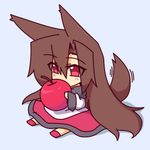  absurdly_long_hair animal_ears apple blouse brown_hair chibi commentary_request food fruit imaizumi_kagerou kakinoki_mikan_(kari) long_hair off_shoulder red_eyes red_skirt skirt solo tail tail_wagging touhou very_long_hair wolf_ears wolf_tail 
