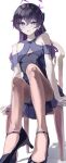  1girl absurdres black_shoes blue_archive breasts chair cleavage cocktail_dress commentary_request dress feet foot_focus full_body grey_pants halo haruka_(blue_archive) haruka_(dress)_(blue_archive) high_heels highres lazyramen legs long_hair looking_at_viewer open_mouth pants pantyhose purple_eyes purple_hair purple_halo shirt shoes sitting small_breasts solo straight-on strapless strapless_shirt 