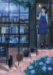  1girl animal apron black_cat black_shoes blue_apron book bookshelf bookstore cat closed_umbrella commentary_request door flower highres hydrangea kotatiyu open_door open_mouth original pants plant ponytail potted_plant railing rain shoes shop signature sleeves_pushed_up stairs umbrella vines window 