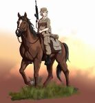  1girl absurdres assault_rifle blonde_hair blurry blurry_background boots breasts brown_horse camouflage cavalry cold_war edward_y_brad full_body gradient_background grass gun hat highres holding holding_weapon horse imi_galil kalashnikov_rifle long_hair medium_breasts military military_combat_uniform military_uniform original outdoors pants pouch riding rifle solo tactical_clothes vektor-r4 weapon 