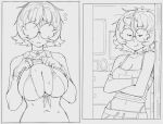  1girl bikini body_freckles breasts choker cleavage freckles glasses julia_(slammo) large_breasts messy_hair navel opaque_glasses original round_eyewear shoulder_freckles simple_background sketch slammo smug sweat swimsuit title white_background 