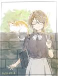  1girl :3 bag bow bowtie brick_wall brown_hair brown_shirt cat closed_eyes collared_shirt cowboy_shot dated facing_viewer glasses grey_bow grey_bowtie grey_skirt inset_border medium_hair original ruine_tio school_bag semi-rimless_eyewear shirt short_sleeves skirt solo under-rim_eyewear v 