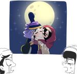  2boys 2girls black_hair commentary_request full_moon guyuk_(tenmaku_no_jaadugar) highres hijab iranian_clothes juaner_answer kiss meme moon mother_and_child mother_and_son multiple_boys multiple_girls night parent_and_child purple_robe red_hijab robe shira_(tenmaku_no_jaadugar) short_hair sitara sky star_(sky) starry_sky tenmaku_no_jaadugar toregene_(tenmaku_no_jaadugar) turban yoshi_and_toad_kissing_(meme) yuri 
