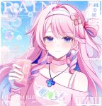  1girl bare_shoulders blue_eyes blue_hair blue_sky bubble choker closed_mouth collarbone colored_inner_hair denia_(wuthering_waves) drink earrings food hair_between_eyes hair_intakes hair_ornament hair_rings hand_up headband highres holding holding_drink jewelry light_blush long_hair looking_at_viewer multicolored_hair necklace notice_lines off_shoulder pasta pink_choker pink_hair pink_shirt ribbon_choker shirt short_sleeves single_hair_ring sky smile solo spaghetti su_jiujiu swept_bangs too_many_watermarks upper_body watermark white_headband wuthering_waves 