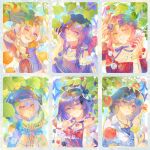  6+girls ahoge alternate_costume blue_eyes blue_hair border bow breasts bronya_zaychik chain chain_necklace choker cleavage colored_inner_hair commentary curtained_hair eyewear_on_head food fruit fu_hua glasses grey_eyes grey_hair hair_between_eyes hair_ornament hairclip headband highres holding holding_food holding_fruit honkai_(series) honkai_impact_3rd jewelry kiana_kaslana leaf long_hair looking_at_viewer medium_hair multicolored_hair multiple_girls murata_himeko neck_ribbon necklace purple_eyes purple_hair raiden_mei red_hair ribbon rii1111r scrunchie seele_vollerei shirt smile streaked_hair untranslatable_commentary white_hair white_shirt wrist_scrunchie yellow_eyes 