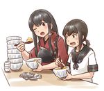  :o akagi_(kantai_collection) black_eyes black_hair bowl eating fubuki_(kantai_collection) green_eyes kantai_collection karasu_(naoshow357) long_hair low_ponytail multiple_girls muneate nakau one_eye_closed open_mouth packet ponytail remodel_(kantai_collection) school_uniform serafuku short_ponytail spoon stack tasuki 