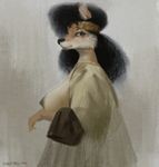  2016 anthro black_hair blush breasts canine clothed clothing female fox furstang hair half-length_portrait looking_at_viewer mammal nipples open_shirt painting_(artwork) partially_clothed portrait side_boob side_view solo standing traditional_media_(artwork) 